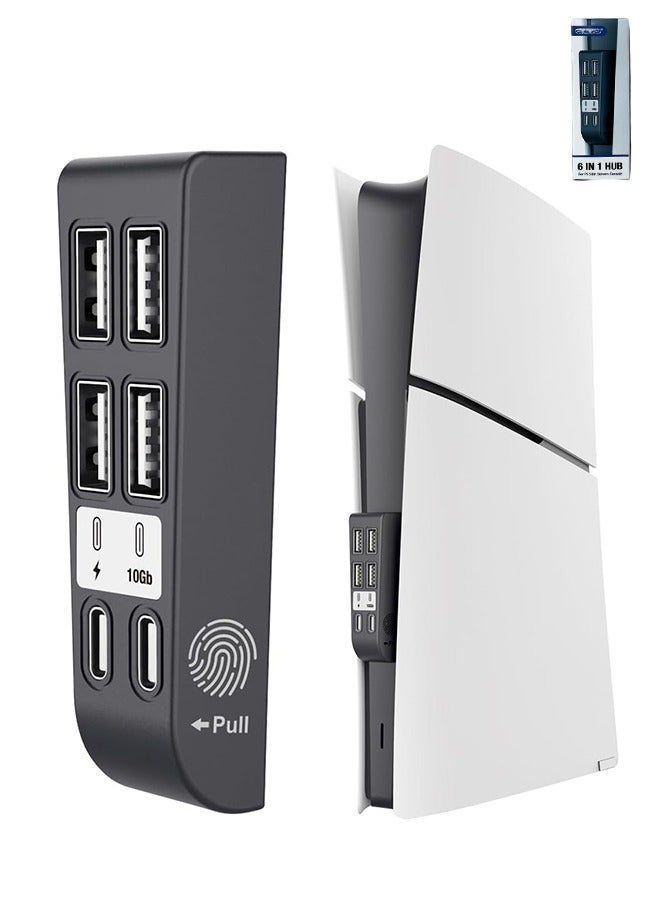 PGTECH [6 Ports] HUB Compatible for PS5 Slim Disc/PS5 Slim Digital 2023 High-Speed Expansion PS5 Slim HUB Extender with 4 USB 2.0+1 Type C 3.1+1 Type C Charging Port for PS5 Slim Accessories-Black - Image 1